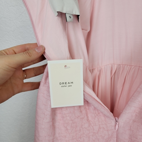 NWT Sister Jane DREAM Off Shoulder Long Puff Sleeve Midi Cami Dress Pink Small - Picture 12 of 13